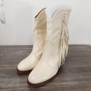 New! Frye Corinne Fringe Boots Womens Size 6 White Leather Mid-Calf Western